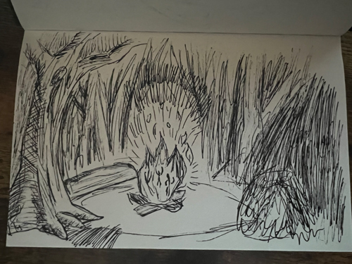 Sketch in ink of a fire in the woods