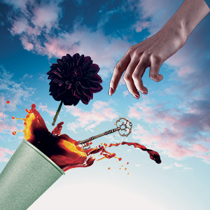 Hand reaching towards a cup of coffee spilling with a black dahlia and a key falling out of the cup in front of a sky background