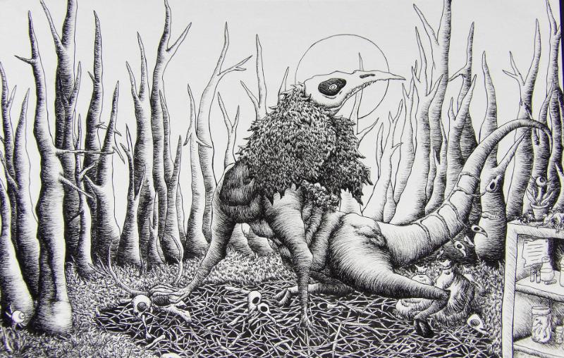 Black and white drawing of strange monster on a pile of bones in a forest