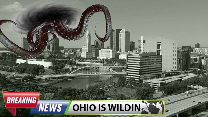 colombus, ohio cityscape with a giant portal in the sky with tentacles coming out of it