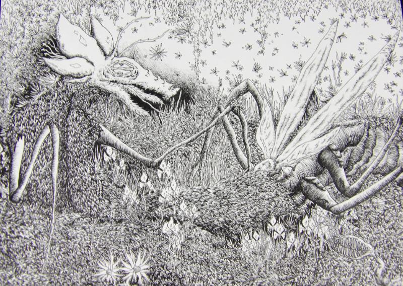 Black and white drawing of a flower - bug monster