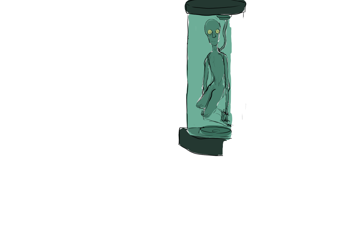 guy in a test tube staring out of it