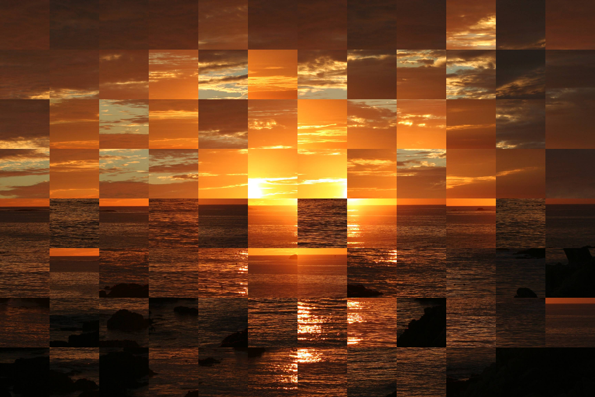 A picture of a sunrise that's been rearranged by squares