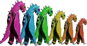 multicolored men in dragon costumes